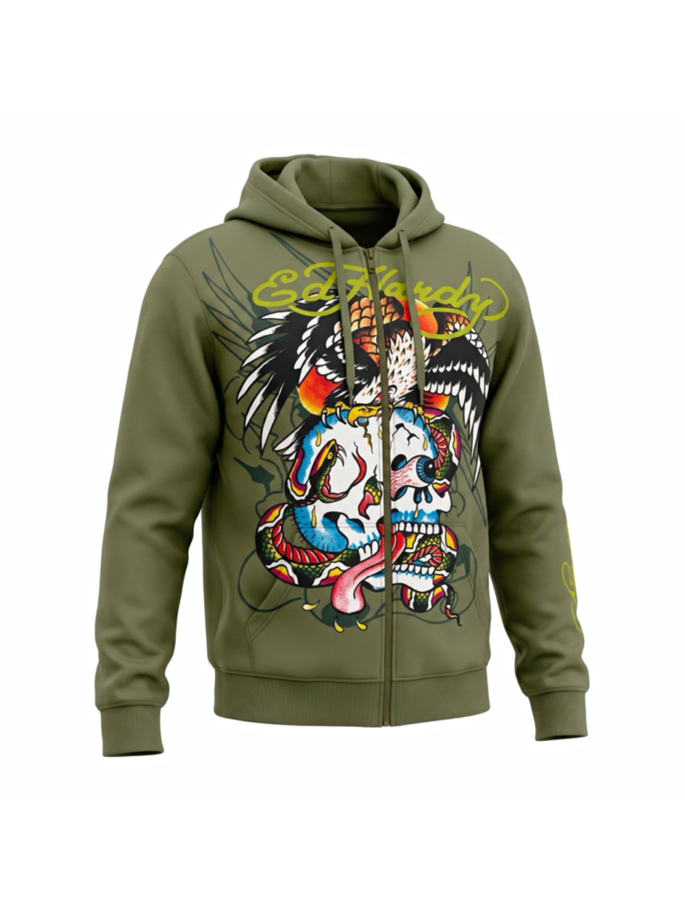 Ed Hardy Green Full Zip Fleece Hoodie Skull Graphic Print Men’s L EHMTJ1301-8
